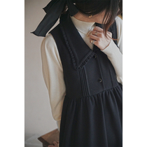 Line drawing French sweet baby collar waist thin retro black waffle vest skirt dress dress women
