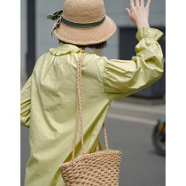 Line drawing shirt female Autumn New 2021 French design sense niche wooden ear loose bubble sleeve top