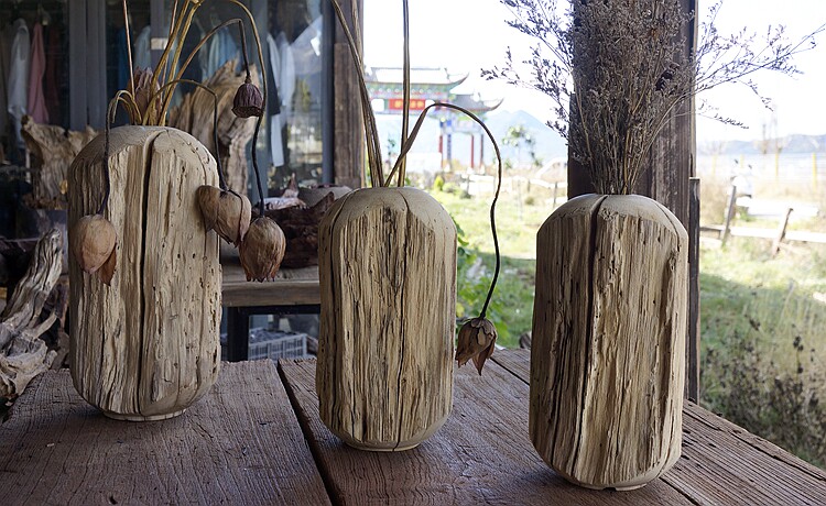 实木台面花瓶枯木摆件 客厅圆形干花花器日式茶室酒店插花瓶橱窗