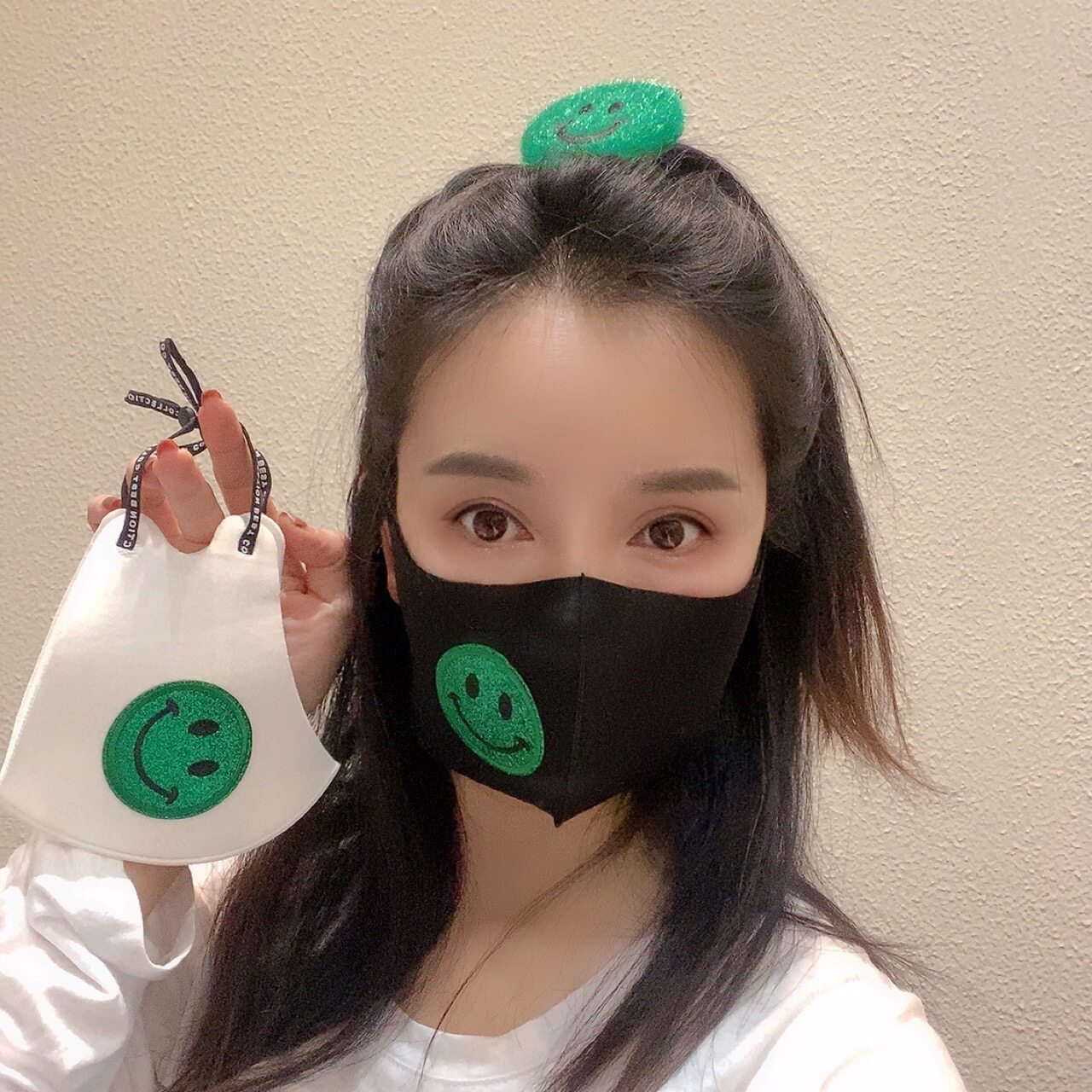 563秋冬款绿色笑脸棉防晒保暖护眼角口罩外出日常面罩气质