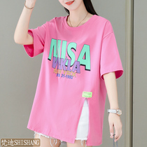 Mid-sleeve t-shirt womens cotton summer personality fat mm split design unique large size shoulder width thin top women cover meat