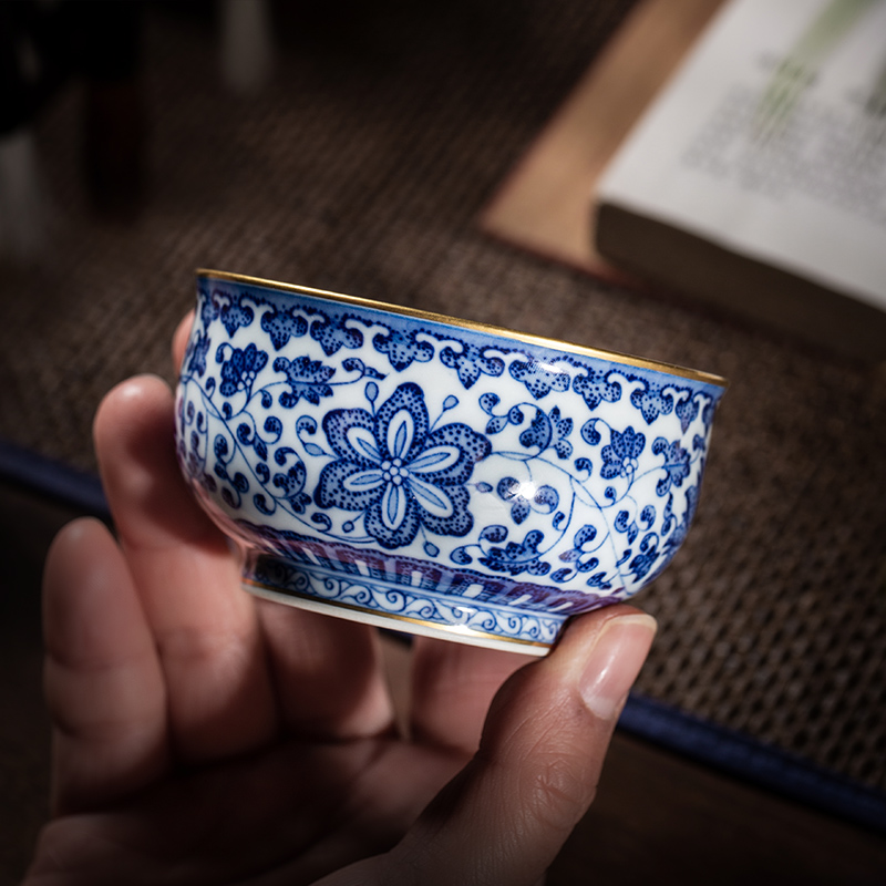 The Owl up jingdezhen blue and white tie up lotus flower see colour checking ceramic tea set kung fu tea master sample tea cup draw