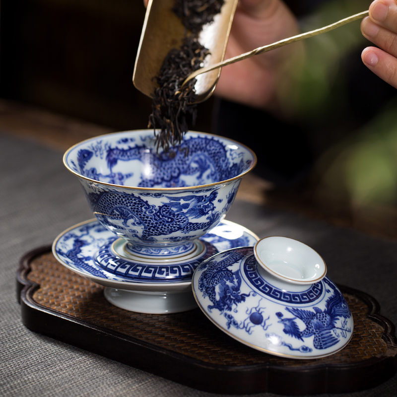 Owl up all hand blue - and - white porcelain covered bowl bowl painting of hand - made of longfeng pattern wind palace tea cups