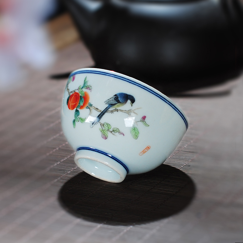 The Owl up with jingdezhen ceramic kung fu tea cups, small round blue and white powder enamel cup hand - made peony cup