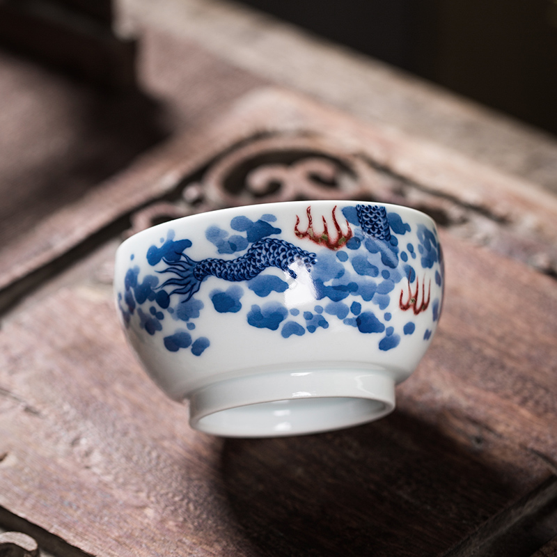 Owl up jingdezhen blue and white youligong ceramic cups kung fu tea set single cup cup draw dragon master