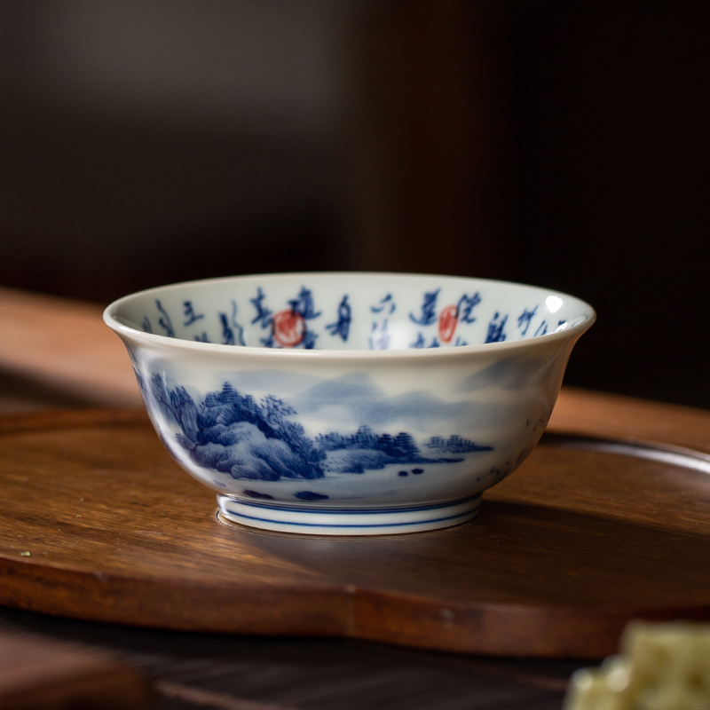 The Owl up jingdezhen blue and white landscape hand - made tea set on autumn Ming maintain figure kung fu tea cup master CPU