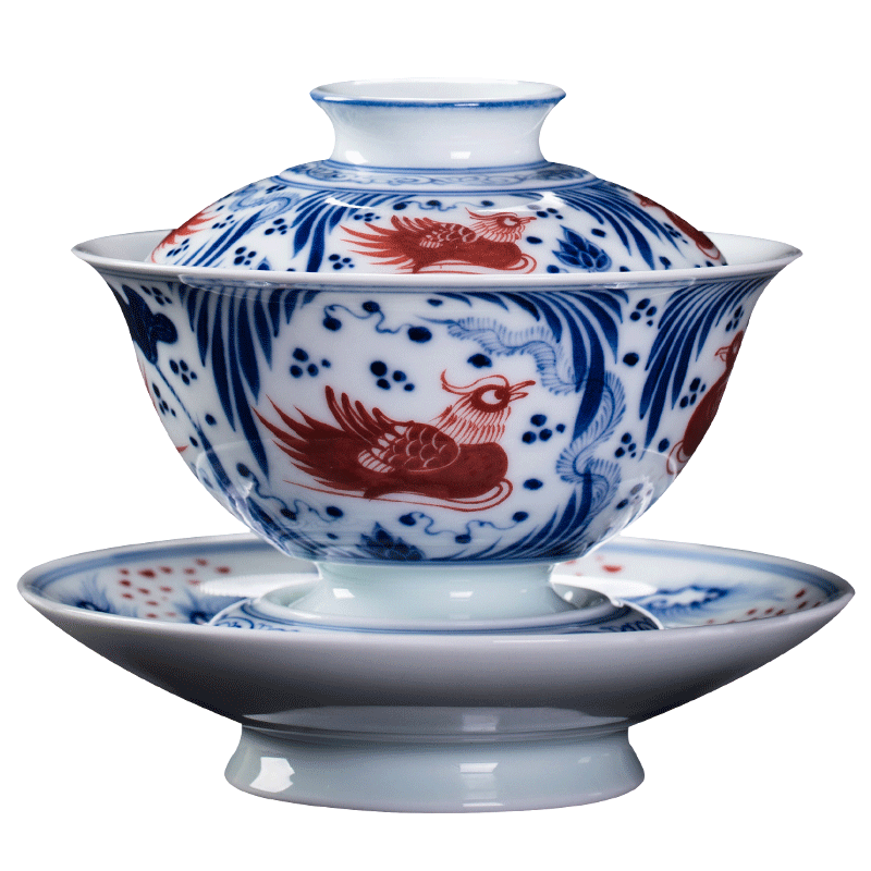 The Owl up jingdezhen blue and white glaze tea service manual hand - made ceramic tureen large cups under a single red tea cup