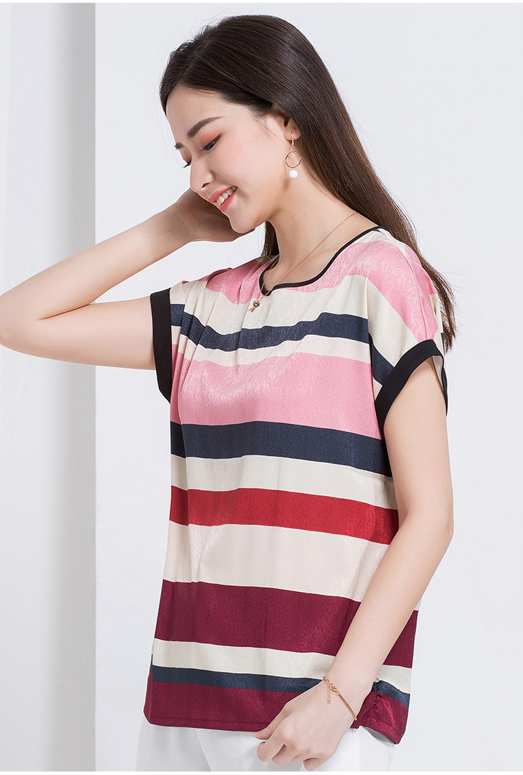 梦舒雅夏季条纹女t恤短袖女装百搭打底衫妈妈夏季宽松上衣插肩袖