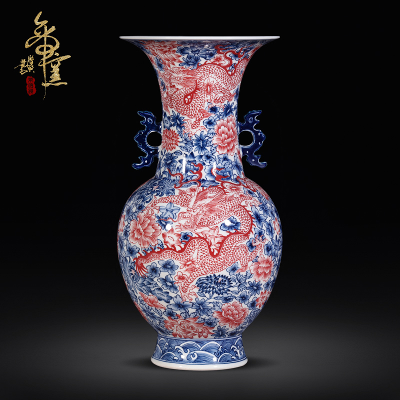 Emperor up wulong wear a flower is antique hand - made porcelain vase furnishing articles of jingdezhen ceramics decorated youligong double ears