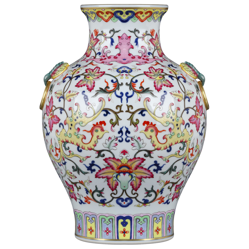 Antique hand - made jingdezhen ceramics powder enamel vase with a chicken wear pattern lion sitting room porch Chinese TV ark, furnishing articles