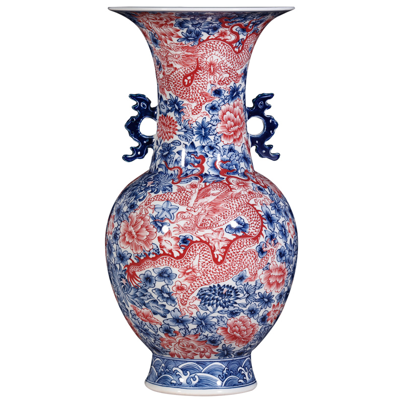 Emperor up wulong wear a flower is antique hand - made porcelain vase furnishing articles of jingdezhen ceramics decorated youligong double ears