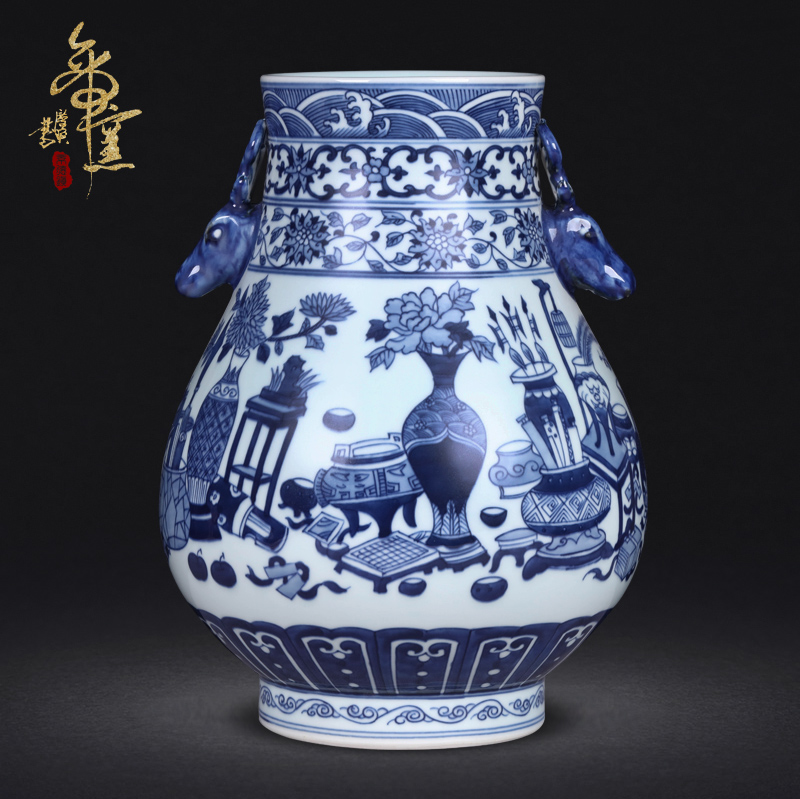 Antique hand - made double listen barrels of jingdezhen ceramics of blue and white porcelain vases, flower arrangement sitting room adornment handicraft furnishing articles