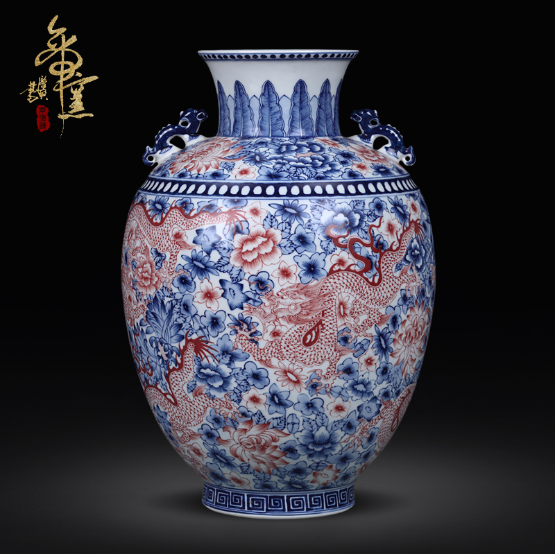 Checking antique red dragon grain ear vase of jingdezhen blue and white youligong home decorations antique antique ceramic furnishing articles