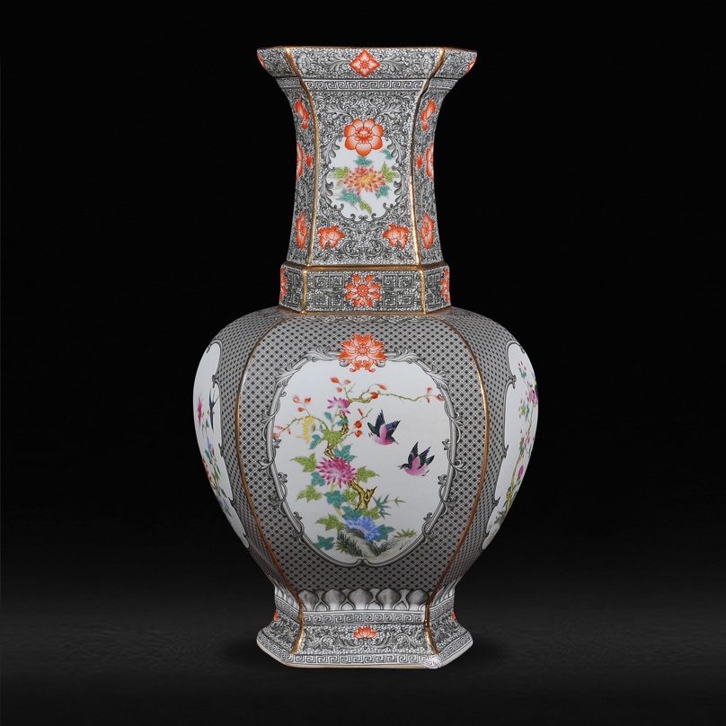 The Qing qianlong year principal climbing flower grey colored enamel painting of flowers and birds in the six - party vases, antique porcelain antique curios furnishing articles