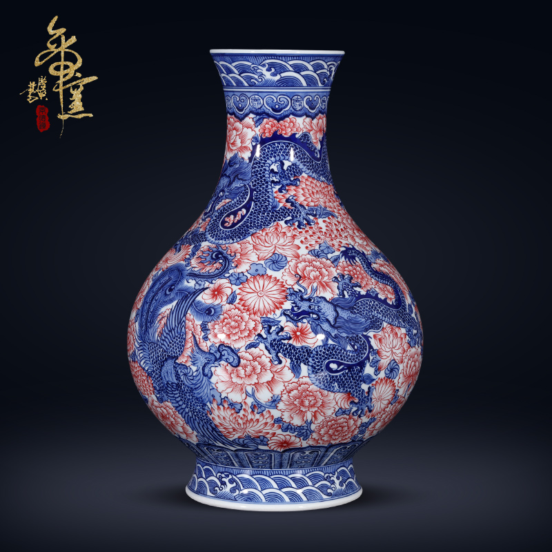 Jingdezhen ceramics imitation the qing qianlong blue dragons and phoenixes vase wearing all Chinese style living room TV ark, flower arranging furnishing articles