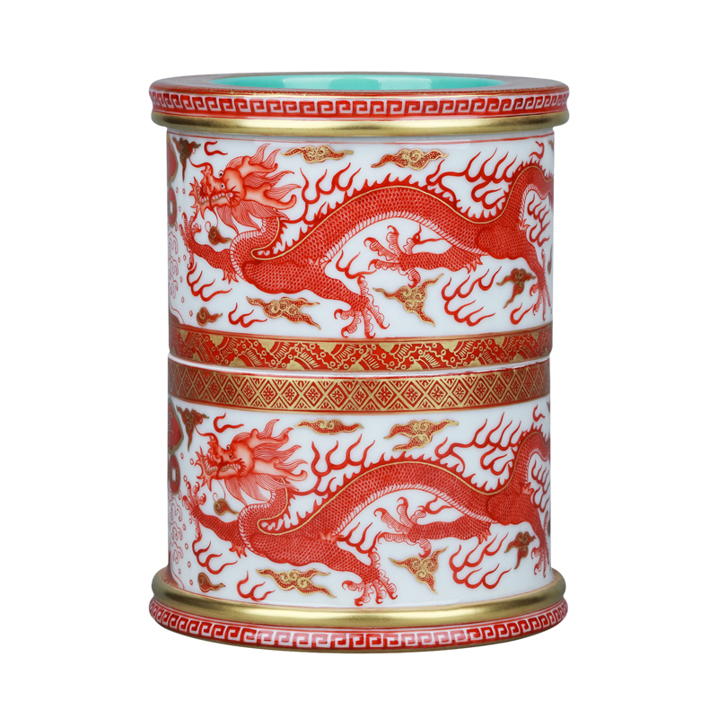 Jingdezhen ceramics imitation the qing qianlong hand - made alum red paint brush pot Chinese dragon pattern study office decoration furnishing articles