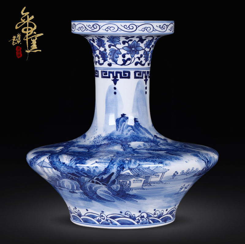 Jingdezhen ceramics antique hand - made landscape flat belly of blue and white porcelain vase household decoration crafts are sitting room