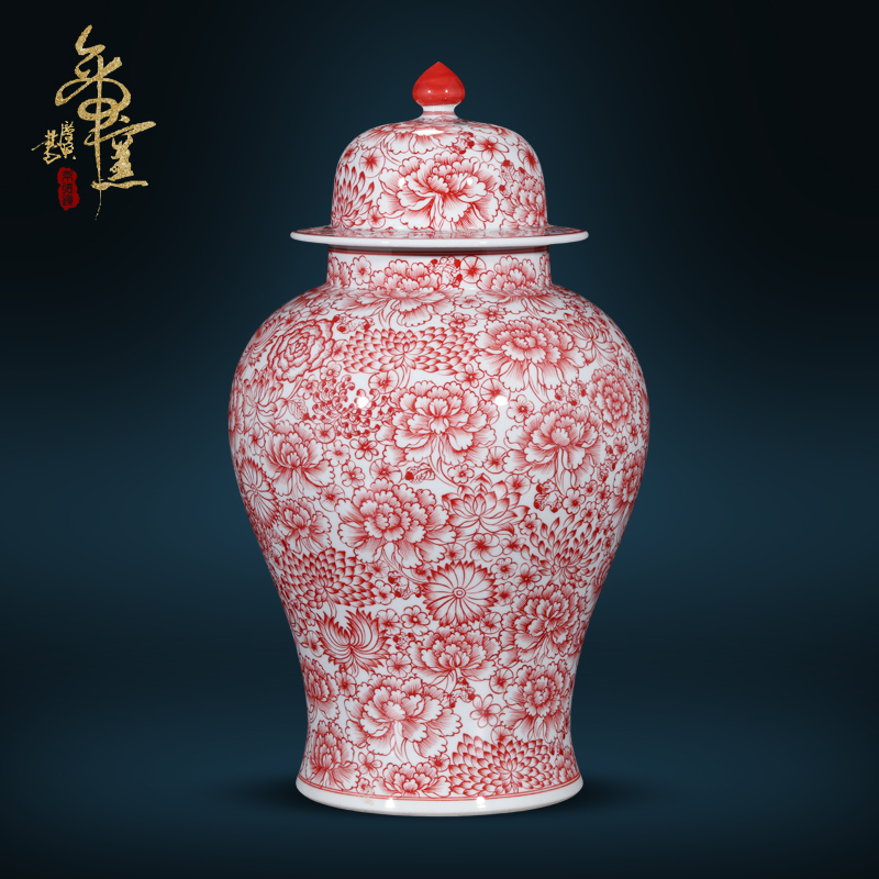 Jingdezhen ceramics antique hand - made alum general red flower pot Chinese style living room TV cabinet porch is decorated furnishing articles