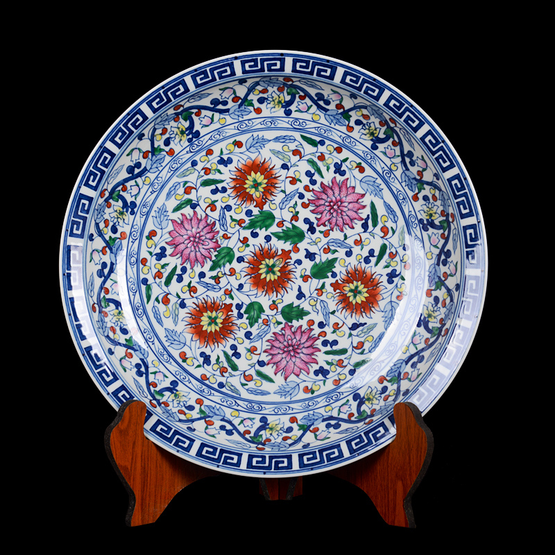 Jingdezhen ceramic decoration plate sit plate hanging dish hand - made archaize pastel blue lotus flower porcelain crafts