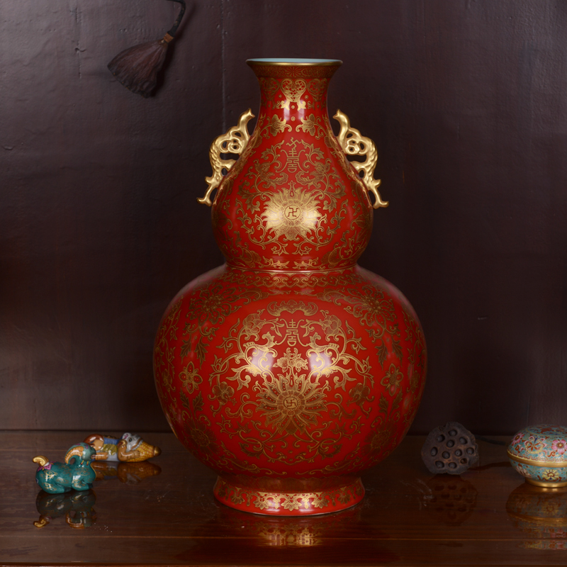 Jingdezhen ceramics imitation the qing qianlong hand made red to paint branch grain ears gourd bottle handicraft furnishing articles