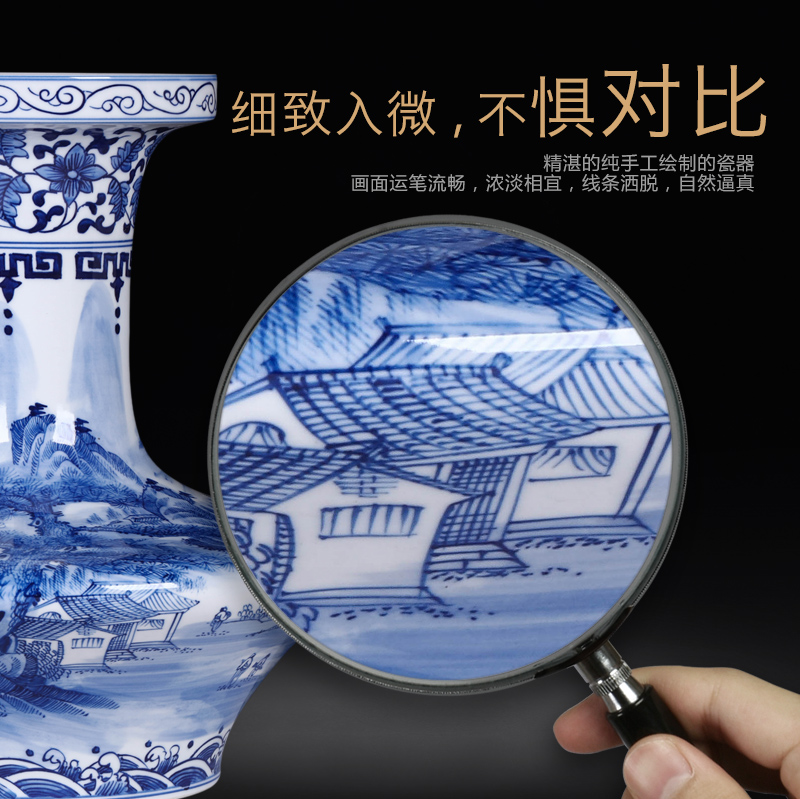 Jingdezhen ceramics antique hand - made landscape flat belly of blue and white porcelain vase household decoration crafts are sitting room