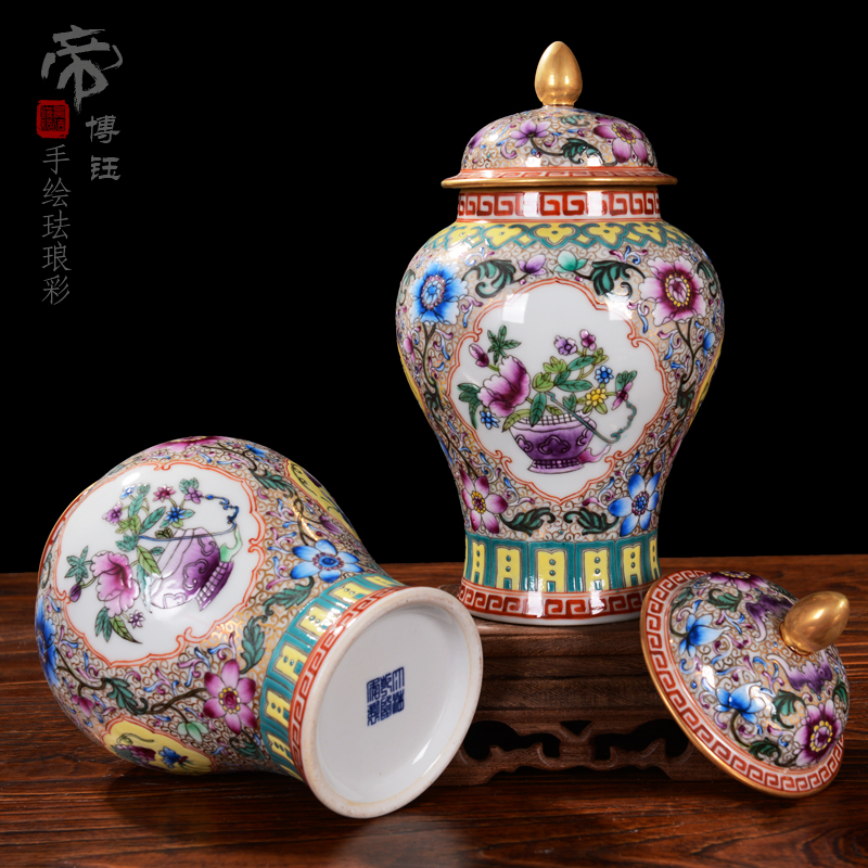 Jingdezhen ceramic vases, flower implement furnishing articles of high - grade checking antique general colored enamel pot cover home decoration