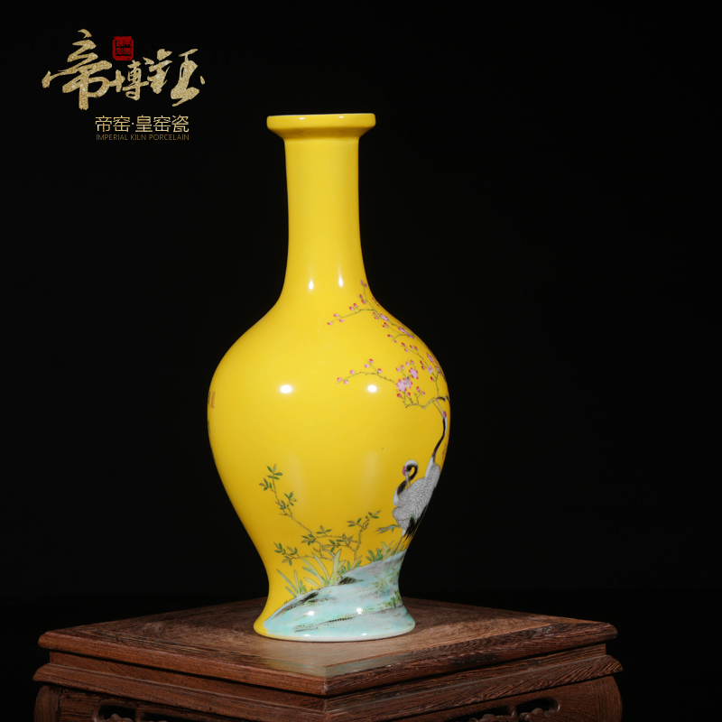 Jingdezhen ceramics by hand yellow colored enamel cranes vase mesa of modern Chinese style household act the role ofing is tasted furnishing articles in the living room