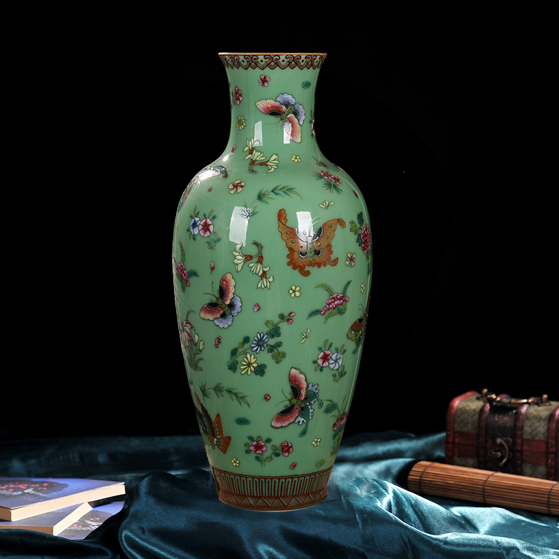 Jingdezhen ceramics pea green, antique hand - made butterfly vase decoration home decoration goddess of mercy bottle handicraft furnishing articles