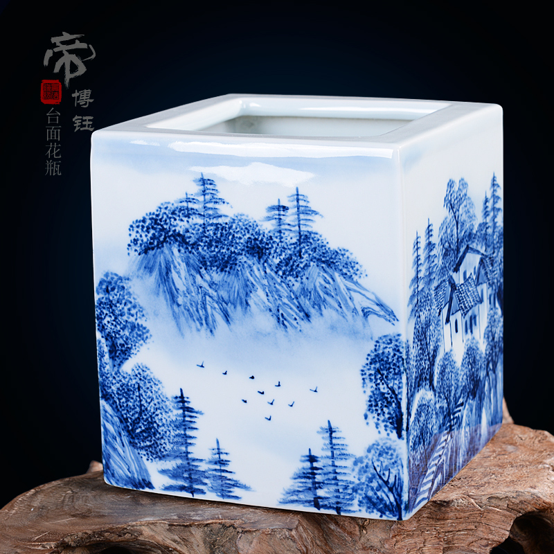 Jingdezhen ceramics famous works hand - made traditional Chinese painting landscape square vase vases, decorative arts and crafts