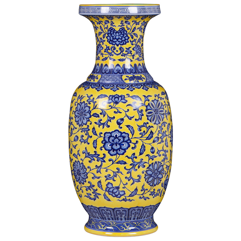 Jingdezhen blue and white hand - made ceramic antique yellow glaze bound branch lotus bottle of new Chinese style living room home furnishing articles