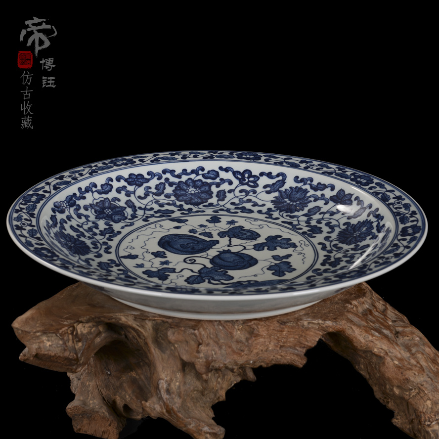 Jingdezhen ceramic decoration plate sit plate hanging dish hand - made antique blue and white lotus flower pumpkin porcelain crafts