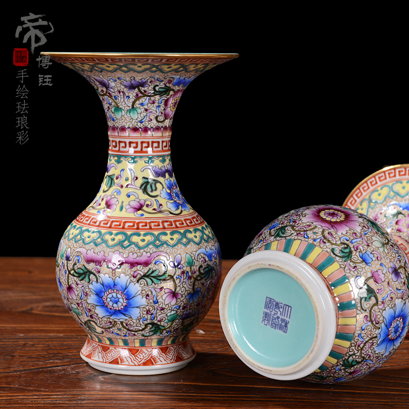 Jingdezhen ceramic vases, flower implement furnishing articles of high - grade checking antique colored enamel bottle home decoration antique furniture