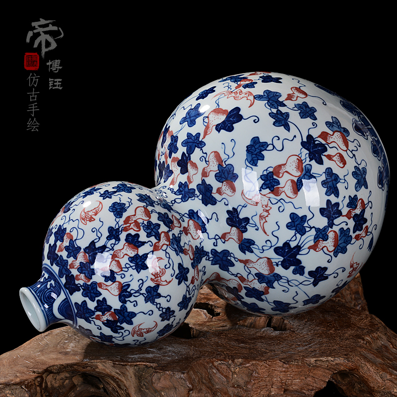 Jingdezhen ceramics gift hand - made antique blue - and - white buford gourd crafts household sitting room adornment