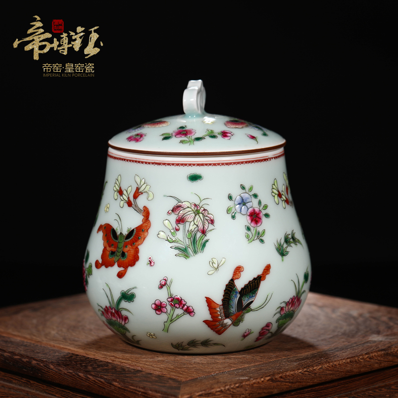 Jingdezhen ceramics antique hand - made azure glaze butterfly tea pot storage tank adornment handicraft furnishing articles