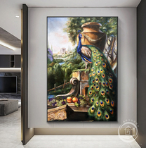 230x150 European style hanging painting Villa living room painting jump layer jump sofa background wall fireplace green peacock oil painting
