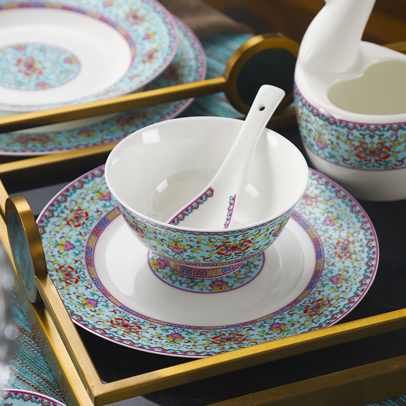 The dishes suit household of Chinese style dishes jingdezhen classical colored enamel tableware dishes business housewarming wedding gifts