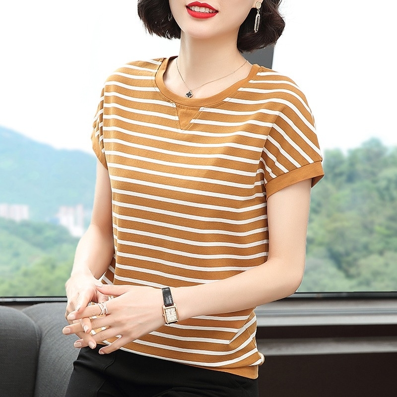 韩版纯棉条纹短袖t恤女夏季新款2020妈妈装大码宽松打底衫上衣服