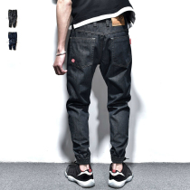 Hong Kong trendy brand red label embroidery primary color simple shrink jeans Japanese casual solid color beam leg pants men