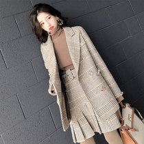 Daxi homemade 2019 autumn and winter Houndstooth suit collar burr medium long wool coat women pleated skirt