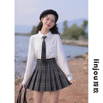 linjou Lingjiu check pleated skirt female spring college style small man short skirt plaid skirt high-waisted skirt