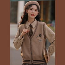 Lingjiu retro college style vest female spring outside wearing knitted horse clip vest versatile shoulder coffee color sweater jacket