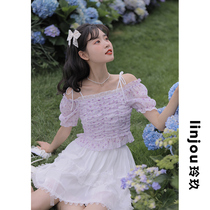 Linjou Lingjiu word shoulder strap chiffon shirt + skirt women two-piece summer dress small man sweet set