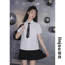 linjou Lingjiu striped shirt short sleeves womens vintage Hong Kong style simple shirt loose student college style top summer