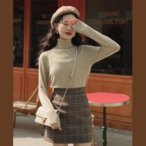 linjou Lingjiu plaid woolen skirt Autumn 2021 retro short skirt high waist a-line skirt one-step hip skirt