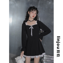 Linjou Lingjiu French Chiffon Black Dress Womens Long Sleeves Spring Hepburn Wind Lace Lace Little Black Skirt