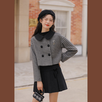 Lingjiu French small fragrance set female doll collar wool coat Chidori extra set pleated skirt two-piece set