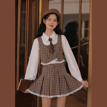 Lingjiu spring lace top vintage plaid vest high waist slim skirt pleated skirt set two-piece set