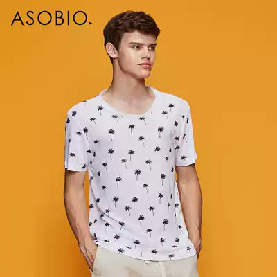 Asobio men's cotton and linen T-shirt men's summer clothes simple, thin and breathable printed top round neck short sleeve T-shirt men's top