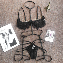 Sexy hollow with steel ring chest brace bra lace thin sultry temptation collar leg ring T pants underwear three-piece set