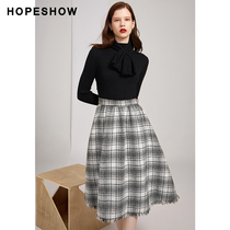 Red sleeve hopeshow dress womens winter new plaid bright silk fake two-piece skirt